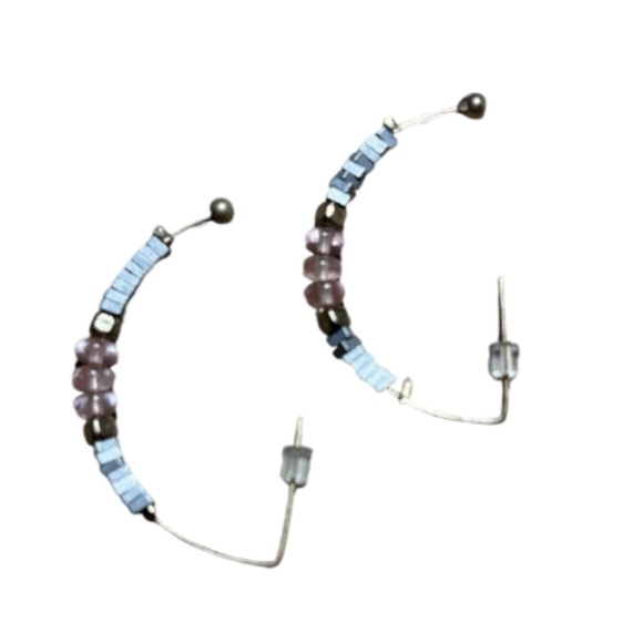 Cloie Beaded Hoop Earrings Pink Blue Boho Style - Picture 3 of 6